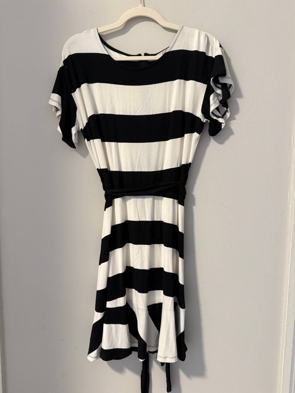 LOFT Black and Off White Horizontal Stripe Tie-Waist Mini Dress